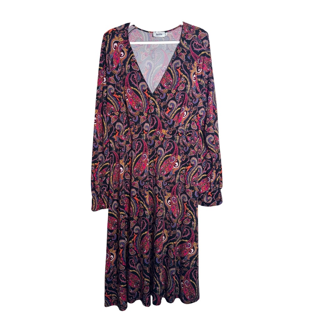 Leota XL Paisley Faux Wrap Midi Dress Long Sleeve V Neck Made USA